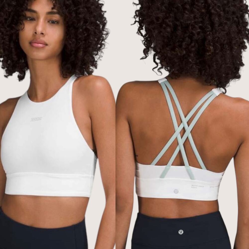EUC Lululemon Energy High-Neck Longline Bra Medium Support White, Silver Blue 4